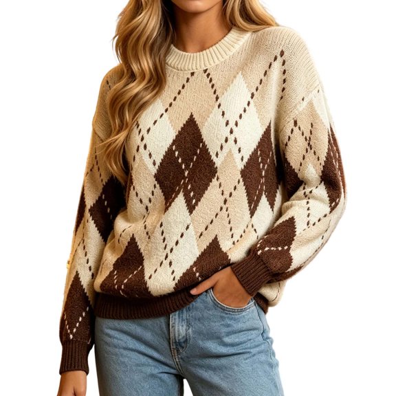 ZHOGXU Christmas Pullover Sweater For Women Printed Long Sleeve Crewneck Tops Everyday Soft Knit Clothes,Coffee,L