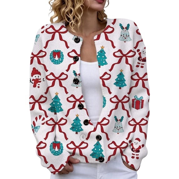 ZHOGXU Christmas Women's Cardigan Bow Print Long Sleeve Button Down Sweater Coat Lightweight Cozy Jacket ,White6,XXXXL