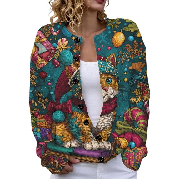 ZHOGXU Christmas Women's Cardigan Cute Cat Print Long Sleeve Button Down Sweater Coat Lightweight Cozy Jacket ,Green4,XXXXL