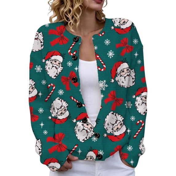 ZHOGXU Christmas Women's Cardigan Cute Santa Print Long Sleeve Button Down Sweater Coat Lightweight Cozy Jacket ,Green3,S