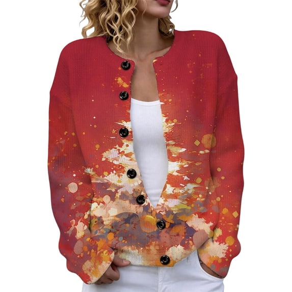 ZHOGXU Christmas Women's Cardigan Stylish Print Long Sleeve Button Down Sweater Coat Breathable Soft Jacket ,Red1,S