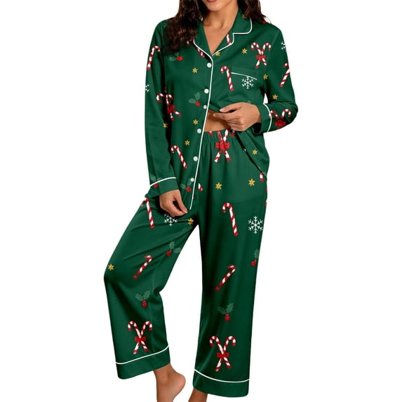ZHOGXU Christmas Womens 2 Piece Pajama Sets Printed Long Sleeve Button Down Top Pant Pjs Sets Cozy Nightwear Homewear,Dark Green,L