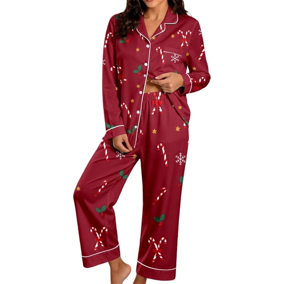 ZHOGXU Christmas Womens 2 Piece Pajama Sets Printed Long Sleeve Button Down Top Pant Pjs Sets Cozy Nightwear Homewear,,M