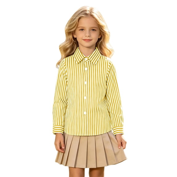 ZHOGXU Classic Boys Girls Long Sleeve Vertical Striped T Shirt Turndown Collar Button Down Gentleman Tops For Kids Fashion Soft,School Casual Wear,Yellow,10-11 Years