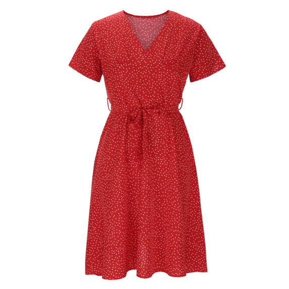 ZHOGXU Classic Floral Polka Print Midi Dresses For Women Short Sleeve V Neck Loose Fit Dresses Fancy,Vacation