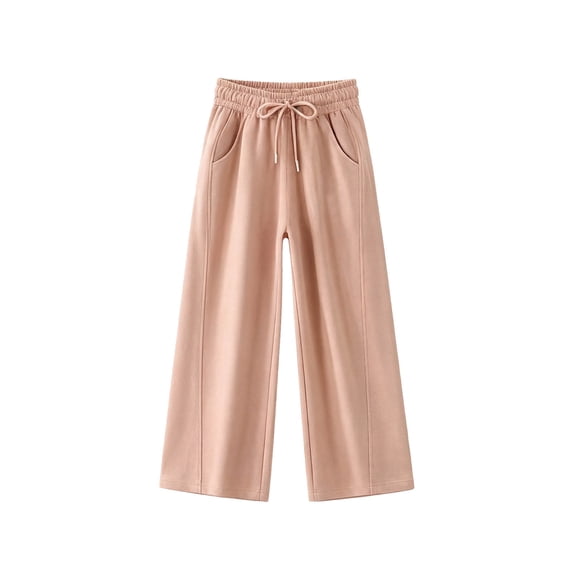 ZHOGXU Classic Solid Color Elastic Waist Drawstring Wide Leg Jogger Kids Girls Pants With Pocket Comfortable Everyday Wear