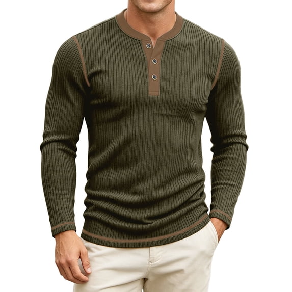 ZHOGXU Contrast Color Long Sleeve O Neck Button Base Layer Men's T Shirts Work Wear