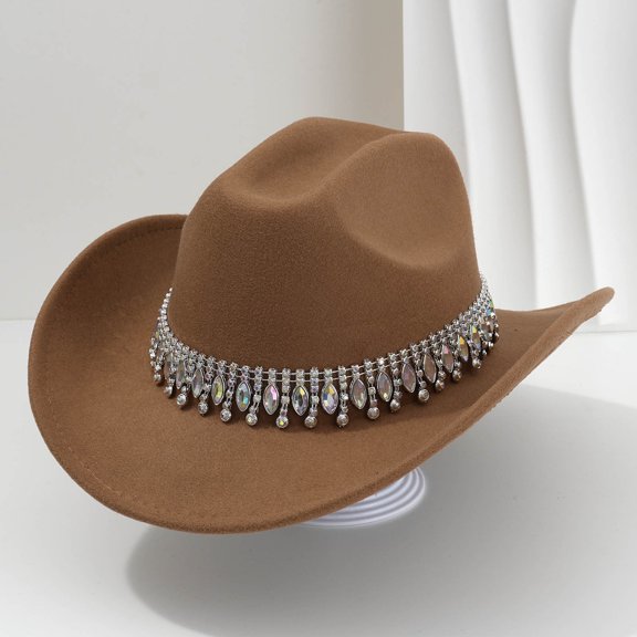 ZHOGXU Cowboy Hat For Women With Rhinestone Design Wide Brim Stylish Comfortable Caps For Country Dance Party Brown One Size