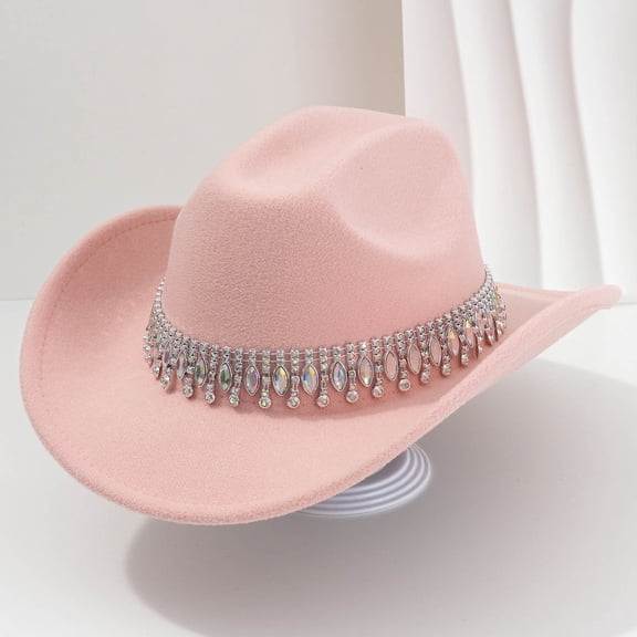 ZHOGXU Cowboy Hat For Women With Rhinestone Design Wide Brim Stylish Comfortable Caps For Country Dance Party Pink One Size