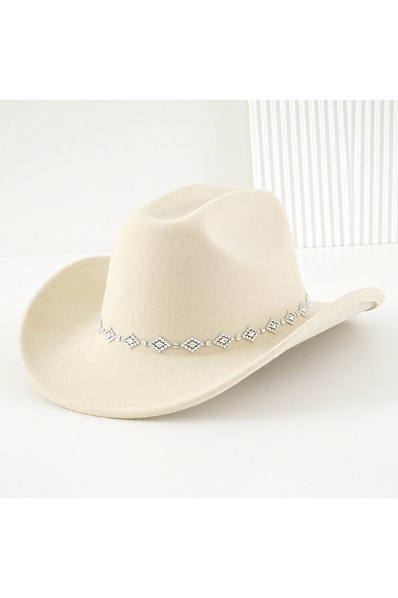 Cowboy Hat For Men And Women Rhinestone Design Bohemian Style Wide Brim Design Fashionable Caps With Chain For Country Dance Party Beige One Size