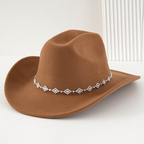 ZHOGXU Cowboy Hat For Men And Women Rhinestone Design Bohemian Style Wide Brim Design Fashionable Caps With Chain For Country Dance Party Brown One Size
