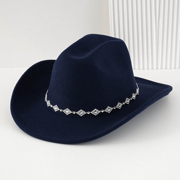 ZHOGXU Cowboy Hat For Men And Women Rhinestone Design Bohemian Style Wide Brim Design Fashionable Caps With Chain For Country Dance Party Navy One Size