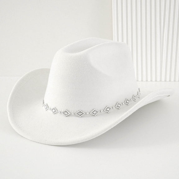 ZHOGXU Cowboy Hat For Men And Women Rhinestone Design Bohemian Style Wide Brim Design Fashionable Caps With Chain For Country Dance Party White One Size