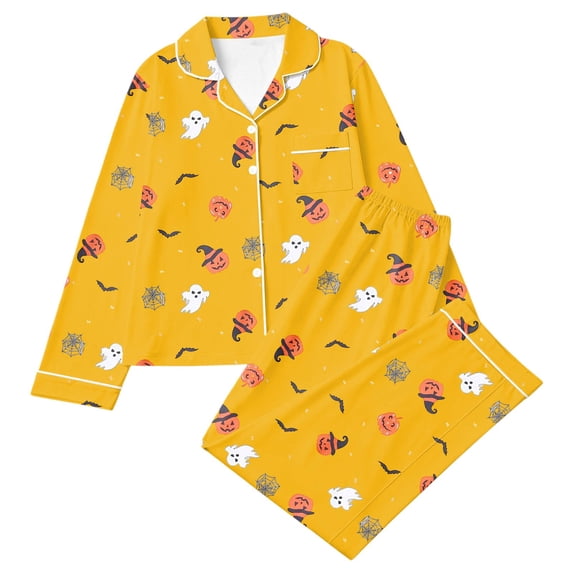 ZHOGXU Cute Halloween Pumpkin Printed Girls Pajama Sets Long Sleeve Top And Long Pant 2PCS Loungewear Set For Kids,Yellow,9-10 Years