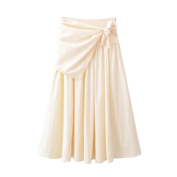 ZHOGXU Elegant Midi Skirts For Womens White Solid Color Mid Waist Bow Knot Tie Front Flowy A-Line Outdoor Shopping Dating