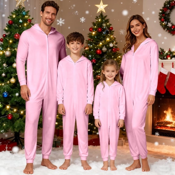 ZHOGXU Family Matching Pajamas Long Sleeve Solid Color Zipper Hooded Jumpsuits Comfortable Soft Holiday Festive Sleepwear Child-Pink 4-5 Years