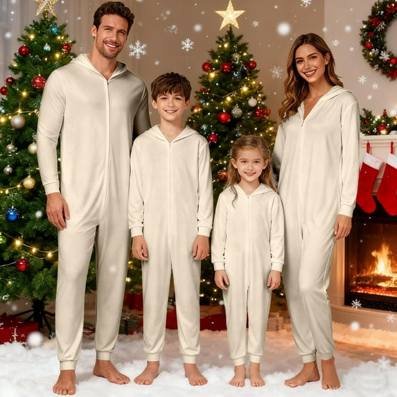 ZHOGXU Family Matching Pajamas Long Sleeve Solid Color Zipper Hooded Jumpsuits Comfortable Soft Holiday Festive Sleepwear Dad-Beige L
