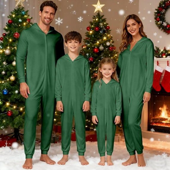 ZHOGXU Family Matching Pajamas Long Sleeve Solid Color Zipper Hooded Jumpsuits Comfortable Soft Holiday Festive Sleepwear Mom-Green Xxl