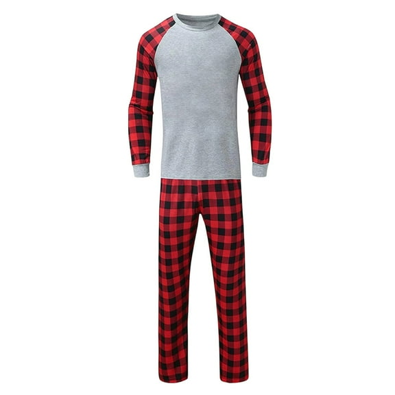 ZHOGXU Family Matching Pajamas Two Piece Long Sleeve Color Block Plaid Print Top And Pants Comfortable Soft Holiday Festive Homewear Outfits Dad-Grey M