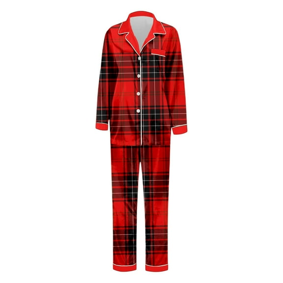 ZHOGXU Family Matching Pajamas Two Piece Long Sleeve Lapel Buttons Plaid Print Top And Pants Comfortable Soft Holiday Festive Nightwear Outfits Mom-Red M