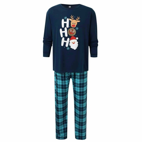 ZHOGXU Family Matching Pajamas Two Piece Long Sleeve Round Neck Reindeer Print Top And Plaid Pants Soft Holiday Nightwear Set Dad-Blue S