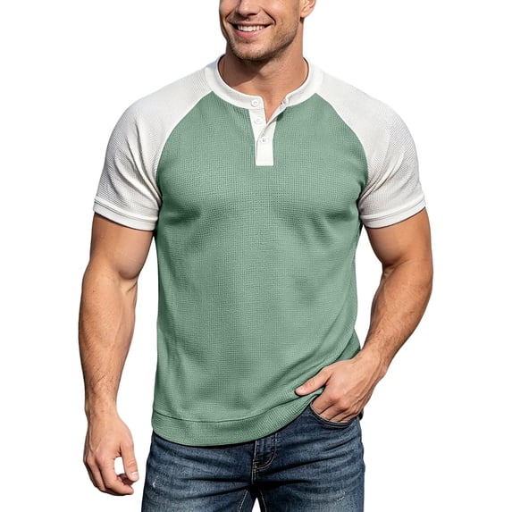 ZHOGXU Fashion Patchwork Short Sleeve O Neck Men's T Shirts With Button Comfortable Everyday Wear