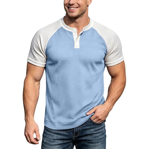 ZHOGXU Fashion Patchwork Short Sleeve O Neck Men's T Shirts With Button Work Wear