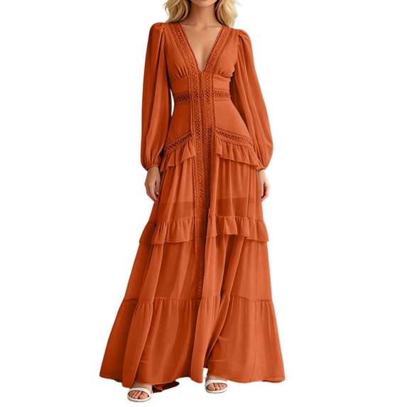 ZHOGXU Fashion Womens A Line Midi Dresses Solid Color V Neck Long Sleeve Regular Fit Beach Vacation Outfit