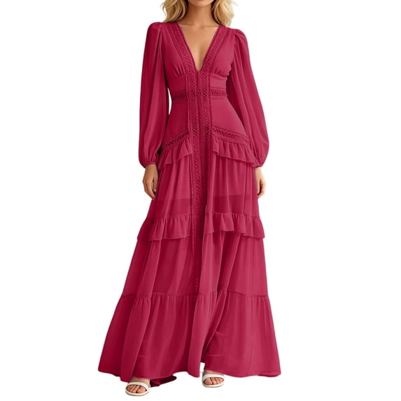 ZHOGXU Fashion Womens A Line Midi Dresses Solid Color V Neck Long Sleeve Regular Fit Office Daily Wear