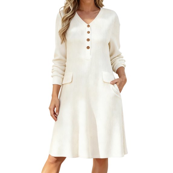 ZHOGXU Fashion Womens Bodycon Midi Dresses Solid Color V Neck Long Sleeve Fitted Button Front Office Daily Wear