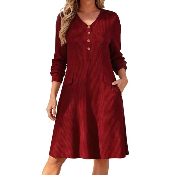 ZHOGXU Fashion Womens Bodycon Midi Dresses Solid Color V Neck Long Sleeve Fitted Button Front Weekend Outdoor Wear