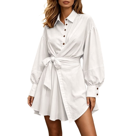 ZHOGXU Fashion Womens Shirt Style Mini Dresses Solid Color Turndown Collar Long Sleeve Regular Fit Button Front With Belt Office Daily Wear
