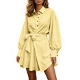 thumbnail image 1 of ZHOGXU Fashion Womens Shirt Style Mini Dresses Solid Color Turndown Collar Long Sleeve Regular Fit Button Front With Belt Weekend Outdoor Wear, 1 of 4