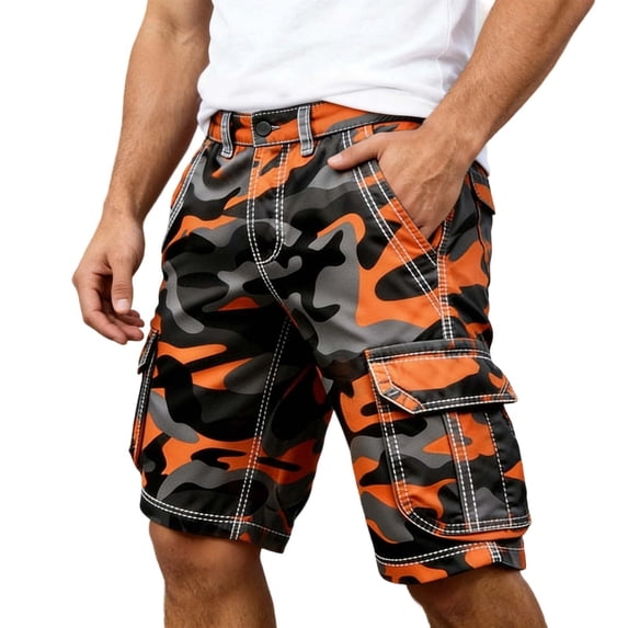 ZHOGXU Father's Day Men's Summer Cargo Shorts With Pockets High Waist Camouflage Print Comfortable Fashion Shorts For Everyday Wear,Orange,Xxl