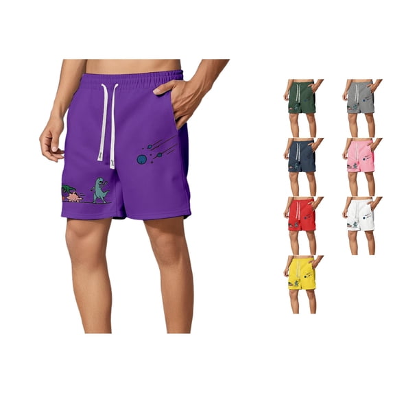 ZHOGXU Father's Day Men's Summer Shorts Drawstring Elastic Waist Dinosaurs Print Lightweight Comfortable Sports Shorts With Pockets For Outdoor Activities,Purple,M
