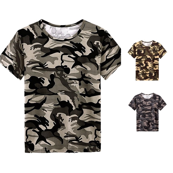 ZHOGXU Father's Day Mens T Shirt Summer Short Sleeve Round Neck Camouflage Print Breathable Comfortable Fashion Top For Casual Daily Wear,Grey,Xxxl