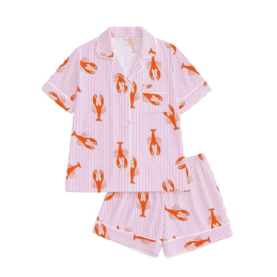 ZHOGXU Girls Halloween Vertical Stripe Lobster Print Pajama Sets Notch Collar Short Sleeve Button Front Top Shorts 2PCS Pjs For Kids Vacation Loungewear,Pink,13-14 Years