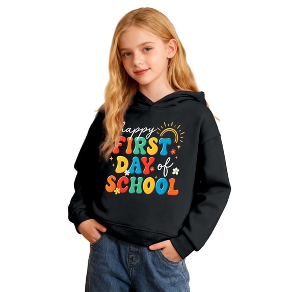 ZHOGXU Girls Hooded Sweatshirt Floral Letter Print Long Sleeve Back to School Pullover Hoodie For Kids Casual Outdoor Play Wear,Black,3-4 Years