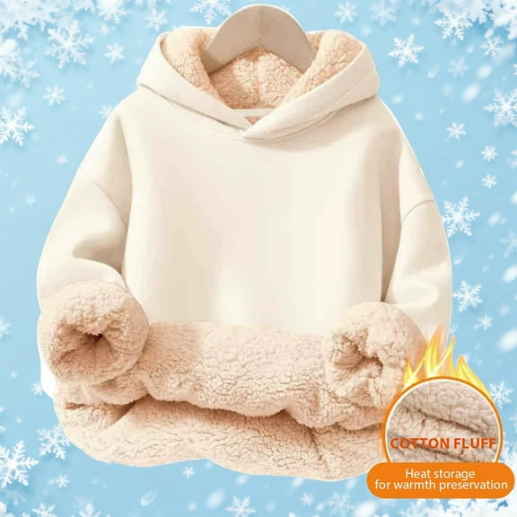 ZHOGXU Girls Plush Hooded Sweatshirt Soft Lined Pullover Cozy Warm Kids Jacket Top For Cold Weather Outdoor Play Beige 11-12 Years