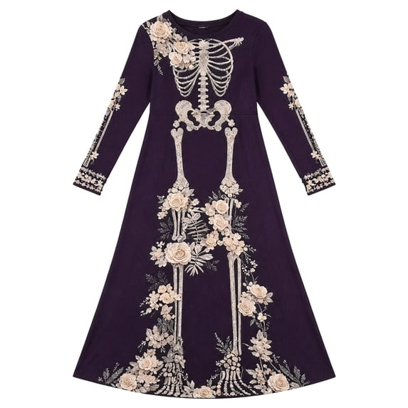 ZHOGXU Halloween Dresses For Women Skeleton Print Long Sleeves Crewneck Midi Dress Casual Fashion Dress,Dark Purple1,XXL