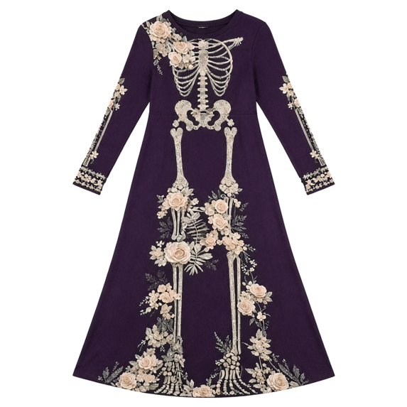 ZHOGXU Halloween Dresses For Women Skeleton Print Long Sleeves Crewneck Midi Dress Casual Fashion Dress,Dark Purple2,L