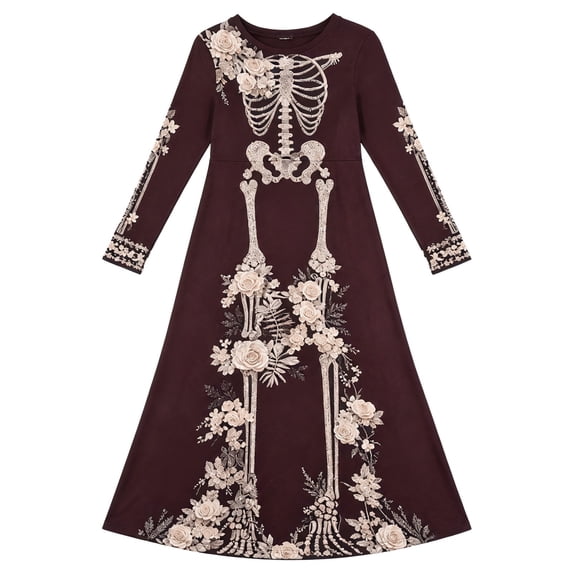 ZHOGXU Halloween Dresses For Women Skeleton Print Long Sleeves Crewneck Midi Dress Casual Fashion Dress,2,XXXXXL