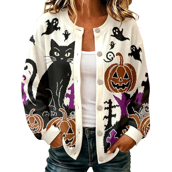 ZHOGXU Halloween Theme Knit Cardigan For Women Black Cat Pumpkin Print Button Front Sweater Jacket Trendy,Outdoor Shopping,White,XXXXL