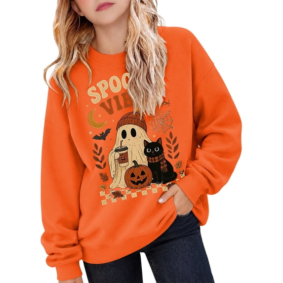 ZHOGXU Halloween Themed Girls Ghost Pumpkin Cat Print Pullover Sweatshirt Long Sleeve O Neck Top For Kids Casual School Streetwear,Orange,1-2 Years