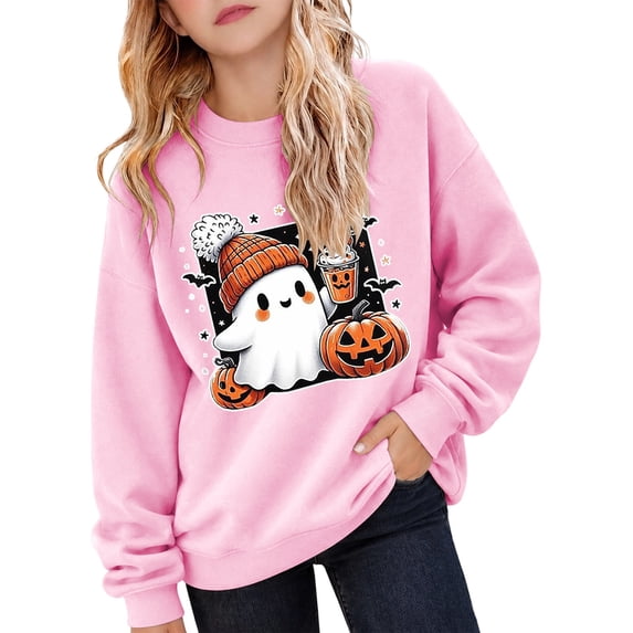 ZHOGXU Halloween Themed Girls Pumpkin & Ghost Print Pullover Sweatshirt Long Sleeve O Neck Top For Kids Fashion Streetwear,Pink,7-8 Years