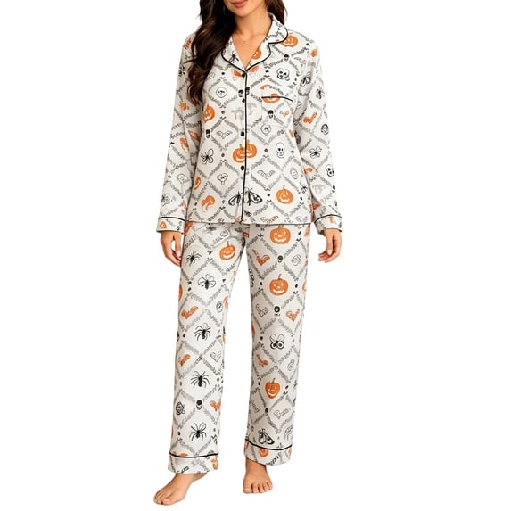 ZHOGXU Halloween Womens Pajama Set Pumpkin Print 2 PCS Long Sleeve Button Down Top Pant Sets Casual Fall Pjs,White,M