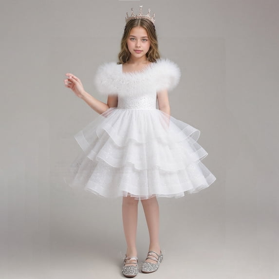 ZHOGXU Infant Kids Girls Dress Sleeveless Round Neck Sequins Mesh Fashion Comfortable Tutu Dresses For Formal Evening Party,White,D