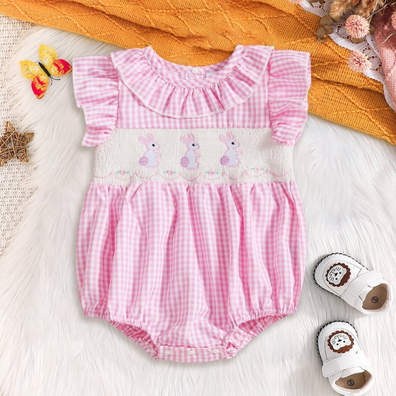 ZHOGXU Kids Girls Easterr Romper Flying Sleeve Round Neck Plaid Print Bunny Embroidery Comfortable Fashion Bodysuits For Daily Wear,Pink,6-12 Months