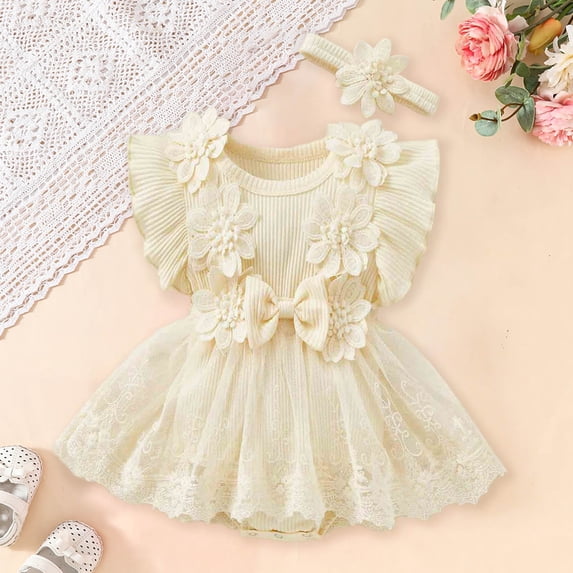 ZHOGXU Kids Girls Romper Dress Flying Sleeve Round Neck Solid Color Floral Bow Design Comfortable Fashion Bodysuits For Daily Wear,Beige,12-18 Months