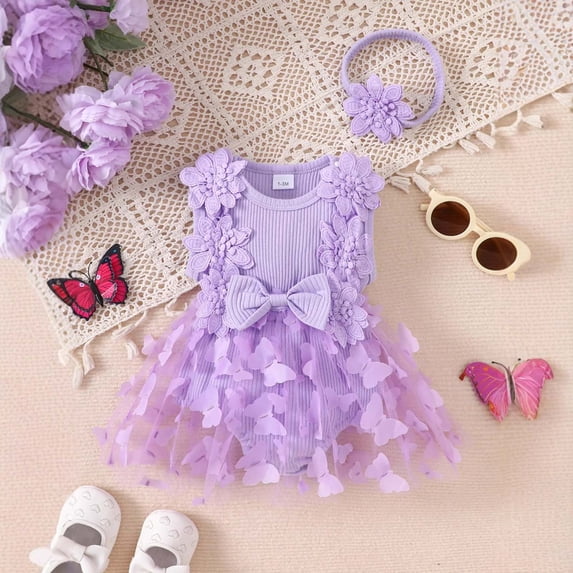 ZHOGXU Infant Kids Girls Romper Dress Sleeveless Round Neck Solid Color Ribbed Bowknot Comfortable Fashion Bodysuits Headband For Daily Wear,Purple,3-6 Months